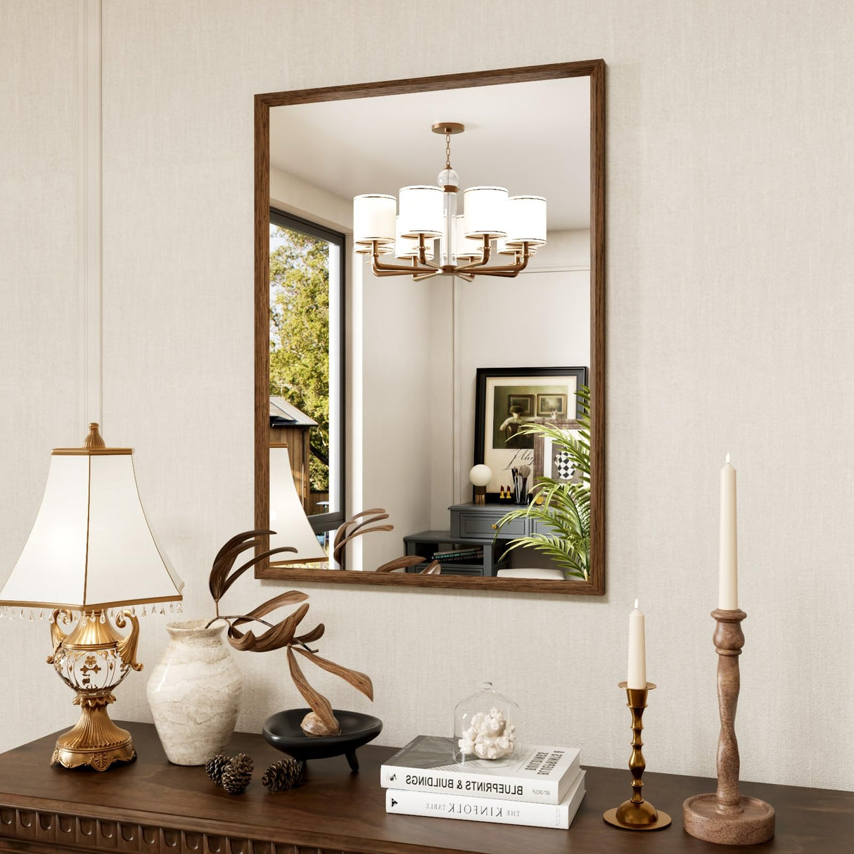 JISOSO 24X36 Inch Bathroom Mirror, Rectangular Bathroom Vanity Mirror, Walnut Wood Grain Framed Mirror for Wall, Tempered Glass, Anti-Rust, Horizontal/Vertical JISOSO