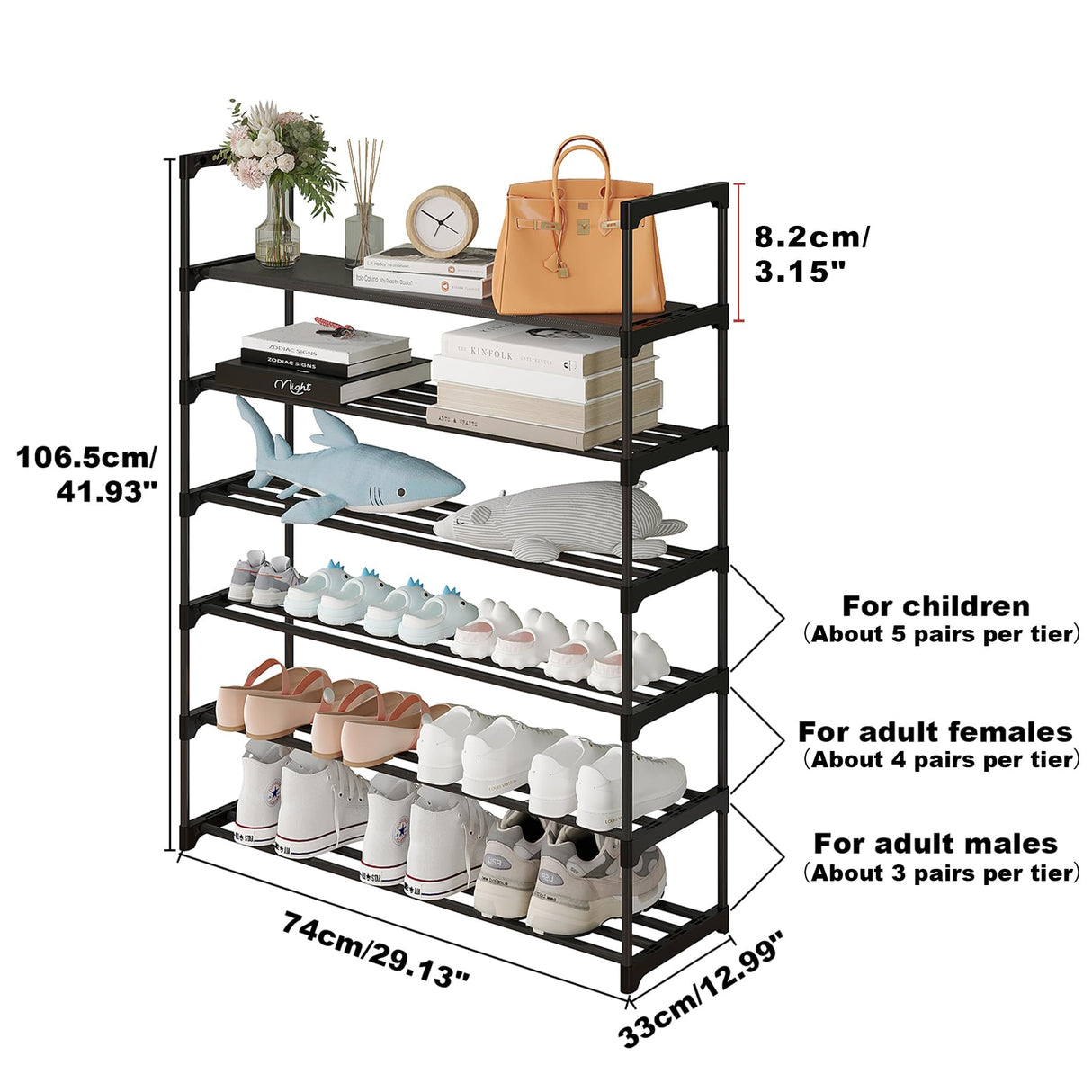 Calmootey 6-Tier Shoe Rack, Tall Large Capacity 30 Pairs Shoes Storage Organizer, Stackable Wide Shoe Shelf for Entryway, Hallway, Black Calmootey