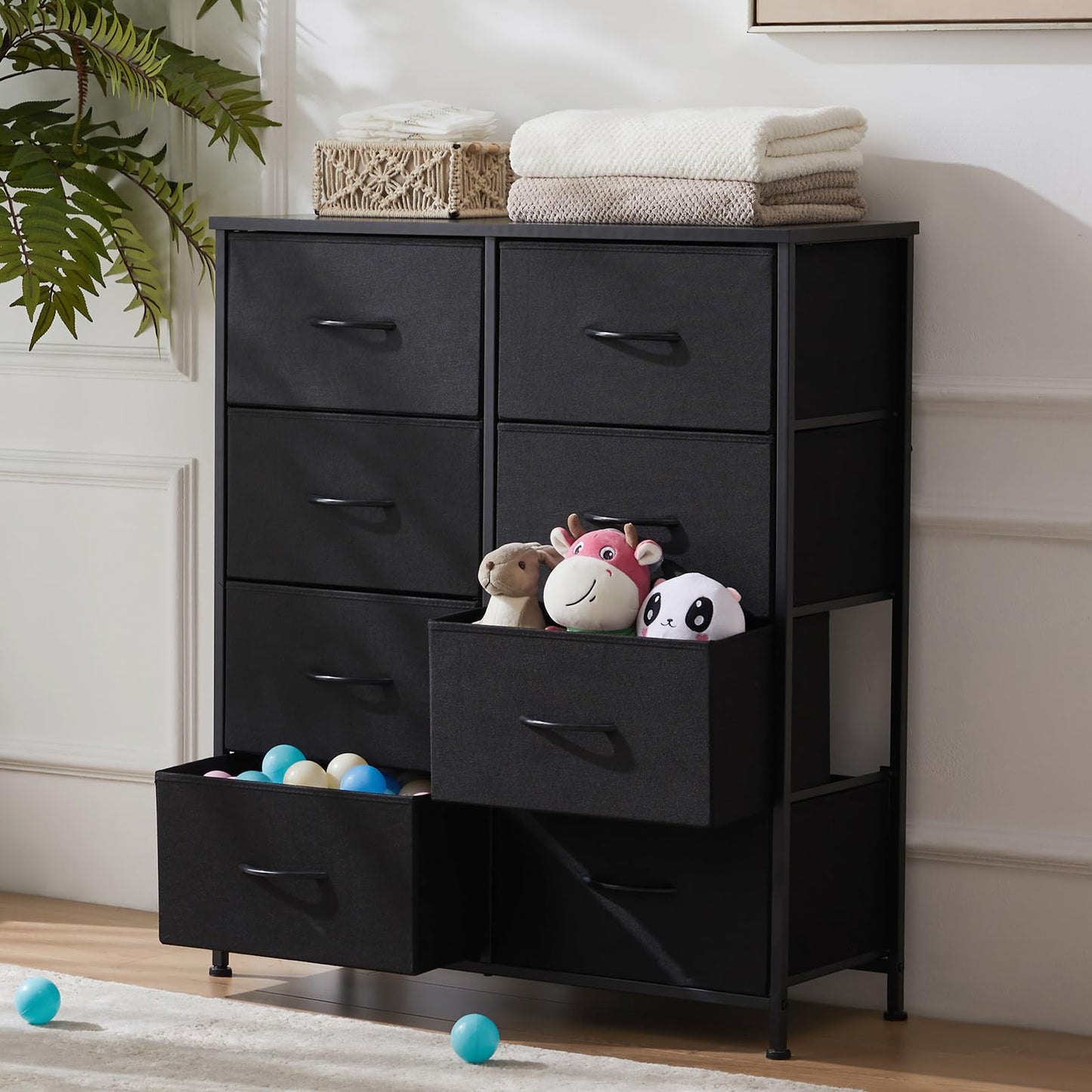 DUMOS Dresser for Bedroom with 8 Fabric Drawers, Tall Chest Organizer Units for Clothing, Closet, Kidsroom, Storage Tower with Cabinet, Metal Frame, Wooden Top, Lightweight Nursery Furniture, Black