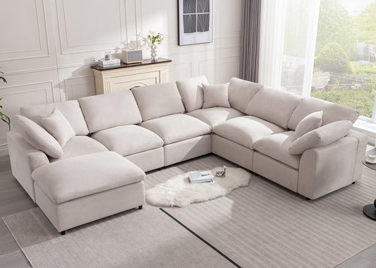 Siiejia Cloud Couch Modular Sectional Sofa Modern Oversized Couches with Ottoman 7 Seater L-Shaped Sofas Comfy Couches for Living Room Spacious Space Apartment Lounge, Cream