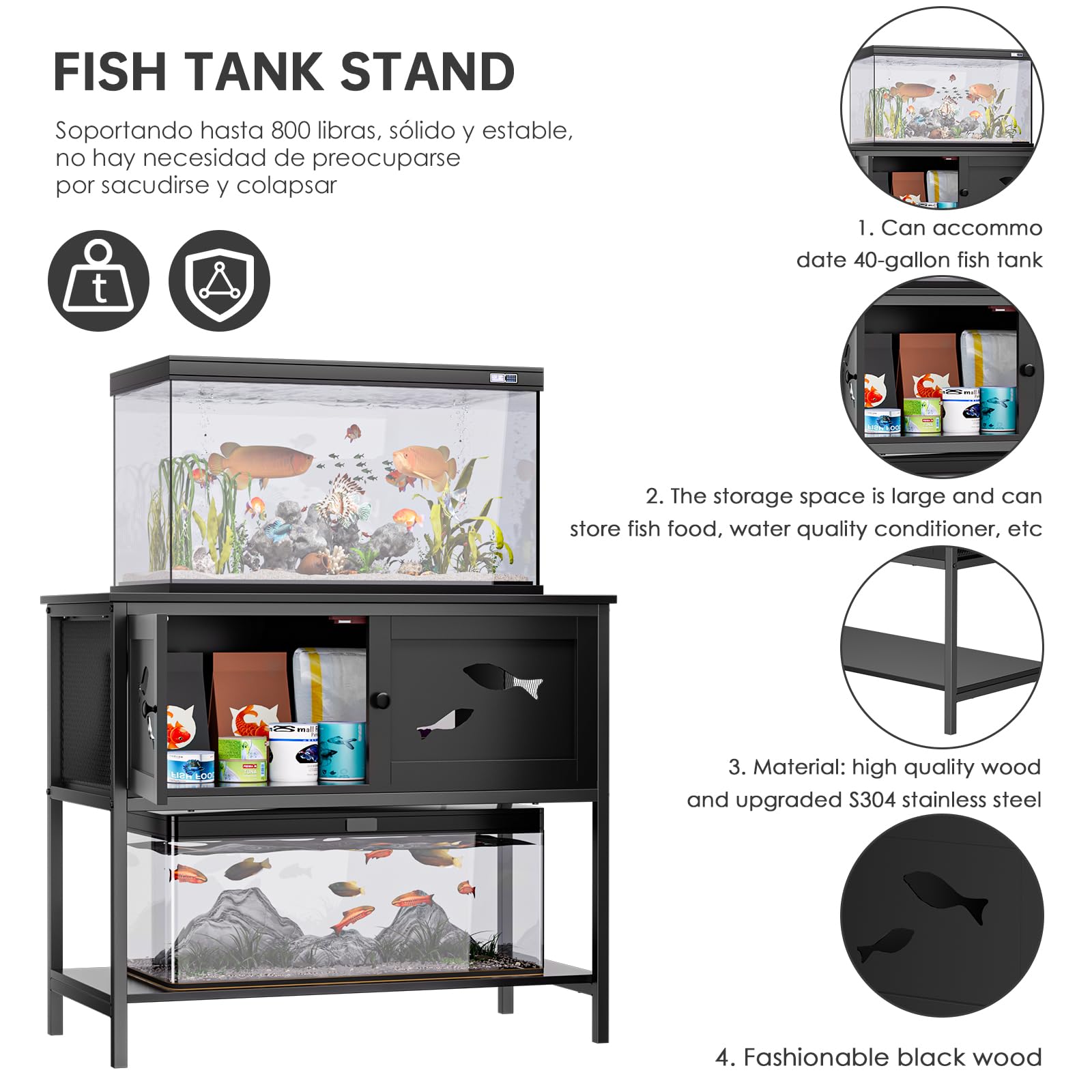 LiebeRen Fish Tank Stand,Aquarium Stand, 40 Gallon Tank Stand, Fashion Black Aquarium Stand, Fish Tank Stand with Cabinet (36.6" L x 18.5" W x 31.5" H) - WoodArtSupply