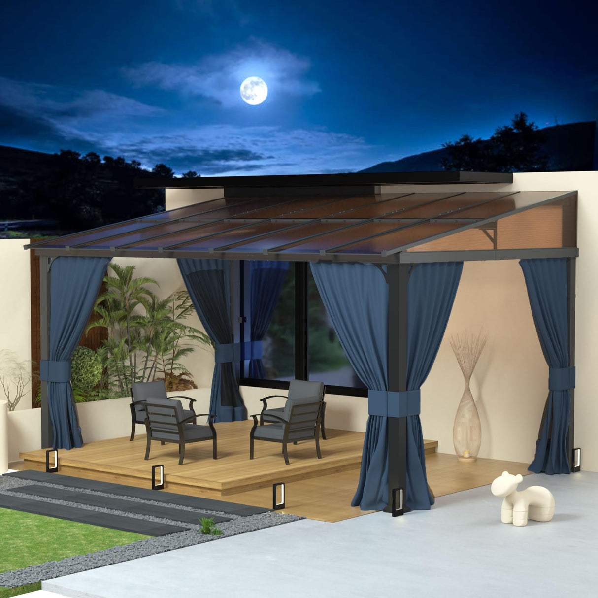 RTDTD 10' x 14' Gazebo，Hard Top Lean to Gazebo Wall Mount Heavy Hardtop Gazebo Outdoor Pergola with Curtains and Netting for Patio Garden Lawn Backyard Deck (Navy) RTDTD