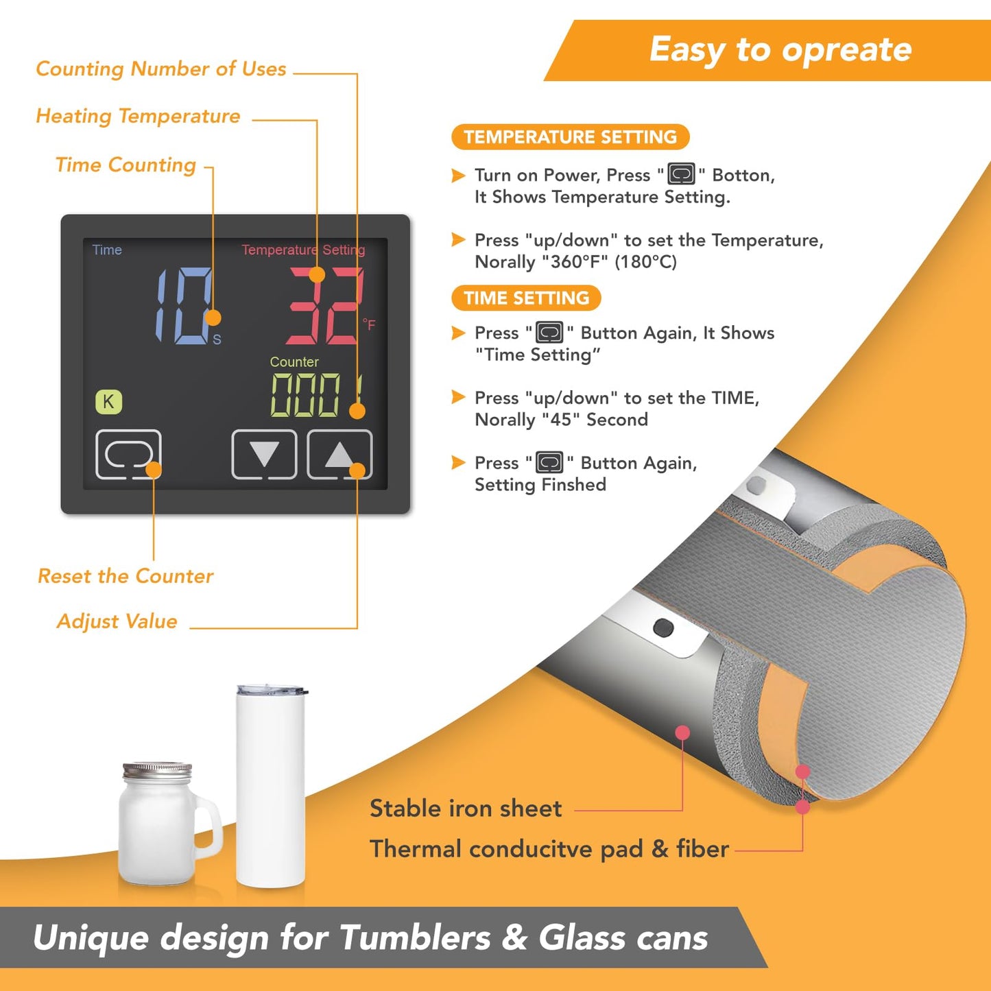 Tumbler Heat Press Machine - EZIOSS Versatile Mug Press for 30, 20, 16, 15, 11 OZ Cups - with Thermal Transfer Paper, Tape & DIY Free Template - Ideal Sublimation Printers for Heat Transfer - Orange