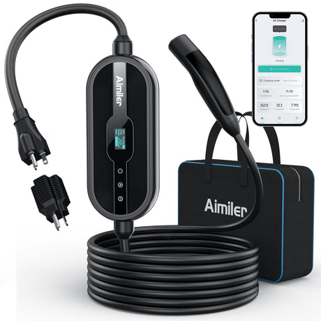 AIMILER Level 1/2 Tesla Charger(WiFi APP), 16Amp, 240V Nema 6-20 Plug & 120V NEMA 5-15 Adapter, 25ft ETL Listed Cord - Portable/Home NACS Connector Electric Car(EV) Charger for Tesla Model X/Y/3/S AIMILER