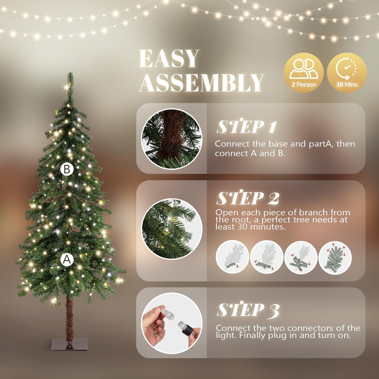 VINGLI 5ft Pre-lit Artificial Christmas Tree with Warm White LED Light, Slim Xmas Tree with 230 Realistic Branch Tips for Home, Office, Party Decoration Indoor Outdoor VINGLI