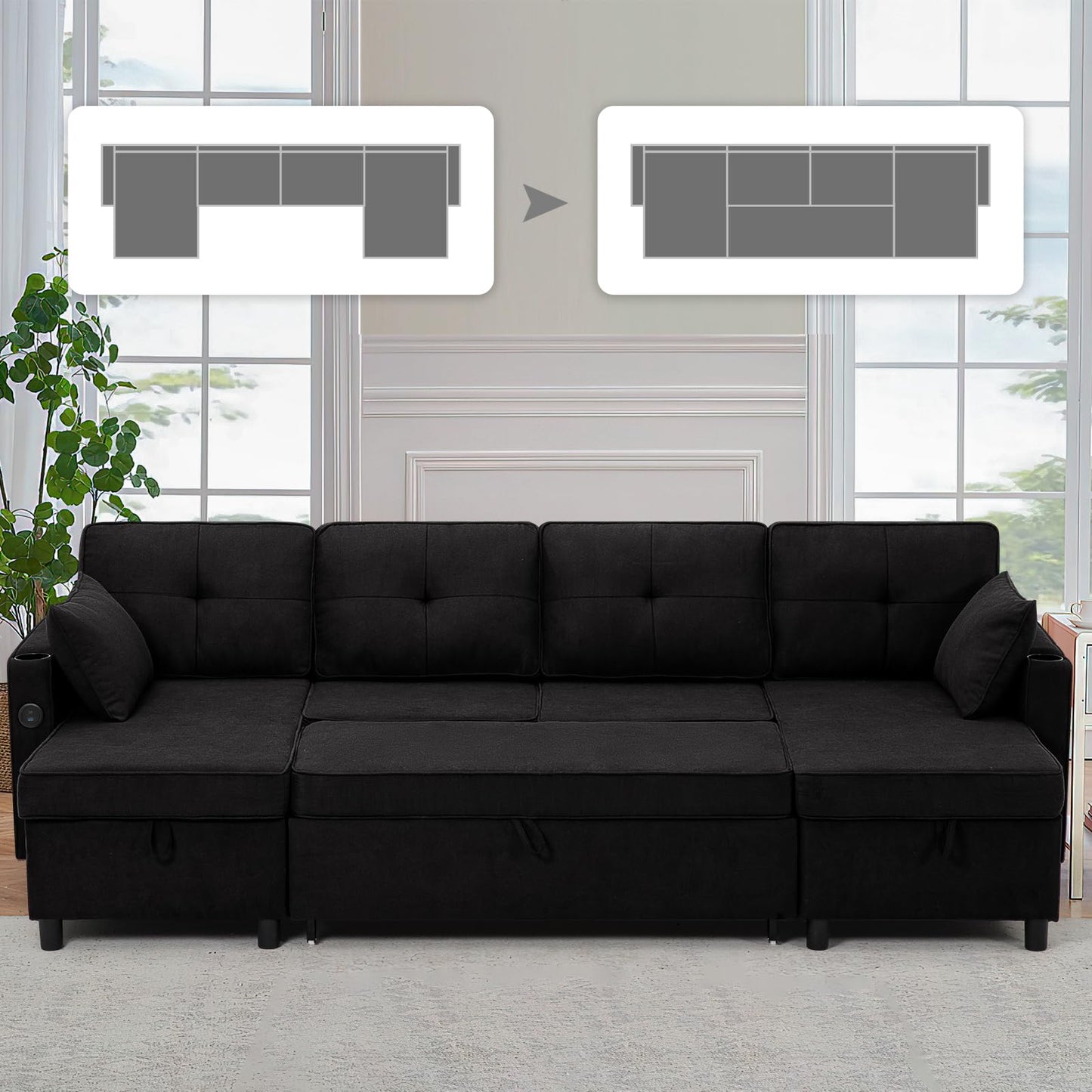 ACMEASE 108" U-Shaped Pull Out Sofa Bed w/Two Storage Chaises, Tufted Sectional Sofa w/USB Port, Fabric Sleeper Couch w/Cup Holders for Living Room, Black