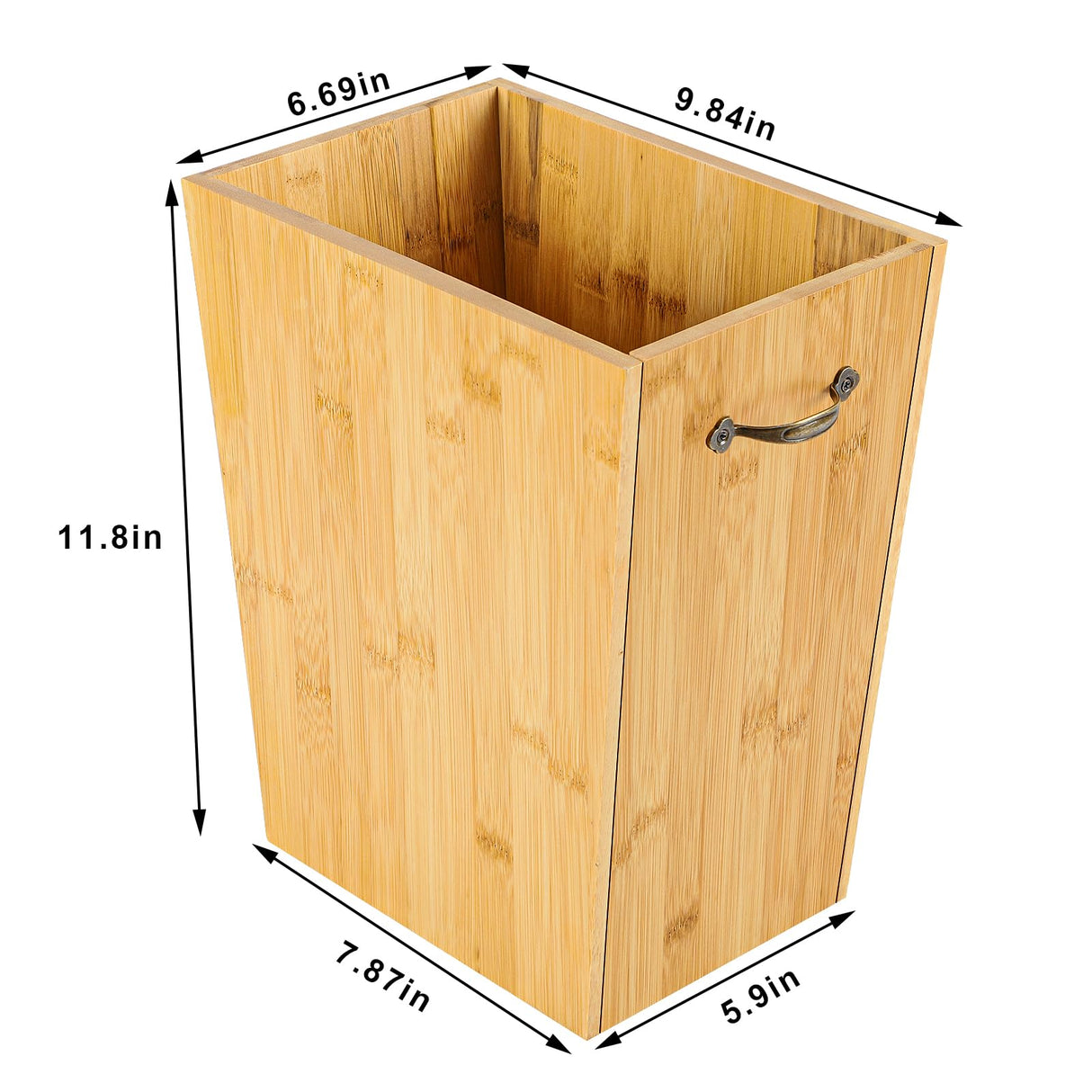 SEHERTIWY Wood Trash Can, Farmhouse Wastebasket Bin for Bathroom, Office, Bedroom, Living Room, Small Square Rustic Garbage Container with Metal Handle (Bamboo-Yellow-Handle) SEHERTIWY