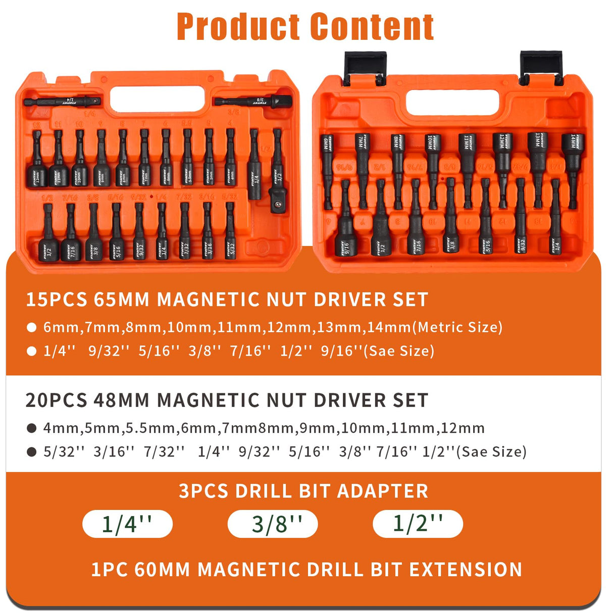 FTIHTRY 39Pcs Magnetic Nut Driver Set for Impact Drill, Metric & SAE Magnetic Impact Drill Driver Bit, 1/4" Hex Shank, Fully Magnetic Hex Nut Driver Drill Bit Master Kit FTIHTRY