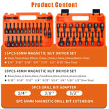 FTIHTRY 39Pcs Magnetic Nut Driver Set for Impact Drill, Metric & SAE Magnetic Impact Drill Driver Bit, 1/4" Hex Shank, Fully Magnetic Hex Nut Driver Drill Bit Master Kit FTIHTRY
