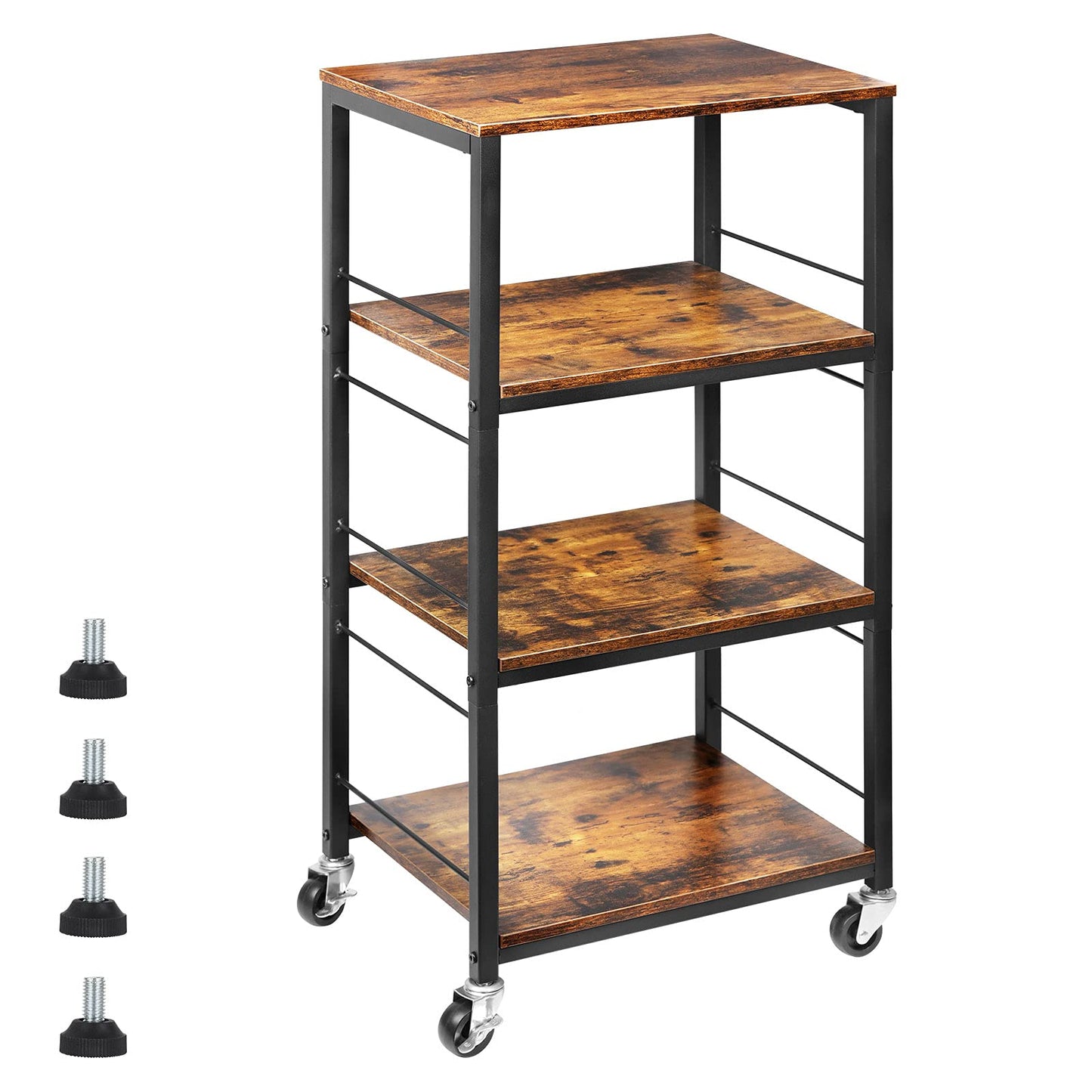 CADUKE Rolling Kitchen Cart Industrial Serving Cart 4 Tier Wood Utility Island on Wheels Rolling Bar Cart with Storage Farmhouse Microwave Table Serving Trolley Stand for Bathroom Living Room, Brown