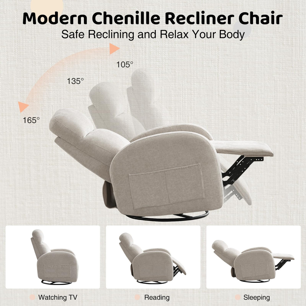 AEMEIOS Nursery Swivel Rocker Recliner, Manual Nursering Glider Recliner, Chenille Swivel Rocking Nursery Recliners with Double Pockets for Living Room, Camel AEMEIOS