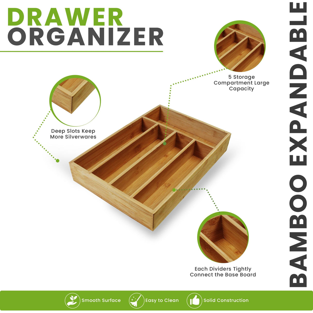 Utopia Kitchen Silverware Organizer, Bamboo Utensil Drawer Organizer for Cutlery, Utensils & Flatware (5 Compartment, Natural) Pack of 1 Utopia Kitchen