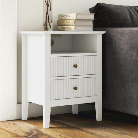 RoyalCraft White Nightstand with Charging Station, White Sofa Table with 2 Storage Drawers Cabinet, Tall End Table with Wooden Fluted-Design for Bedroom,Living Room, White RoyalCraft