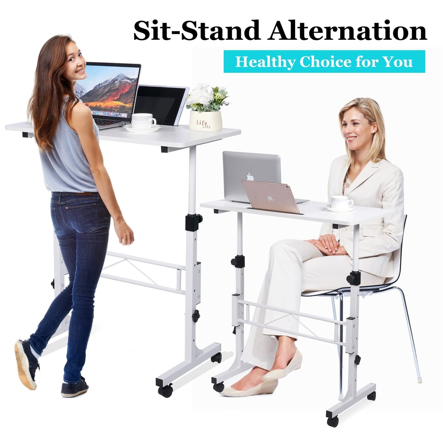 KLSMYHOKI Standing Desk Adjustable Height, Mobile Stand Up Desk with Wheels Small Computer Desk Rolling Desk, Portable Laptop Desk White Standing Table Home Office Desks 16"x31.5" Height 27"- - WoodArtSupply