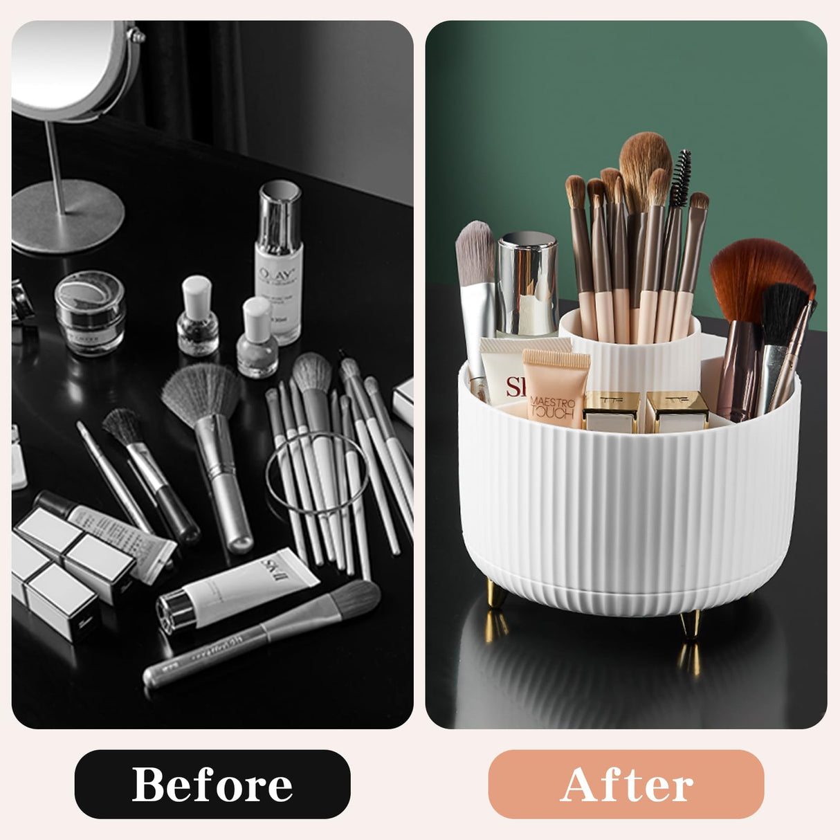 360° Rotate Makeup Brush Holder Organizer, Makeup Organizers Countertop, Makeup organization and Skincare Storage for Vanity, Desktop, Bathroom (White) fanado