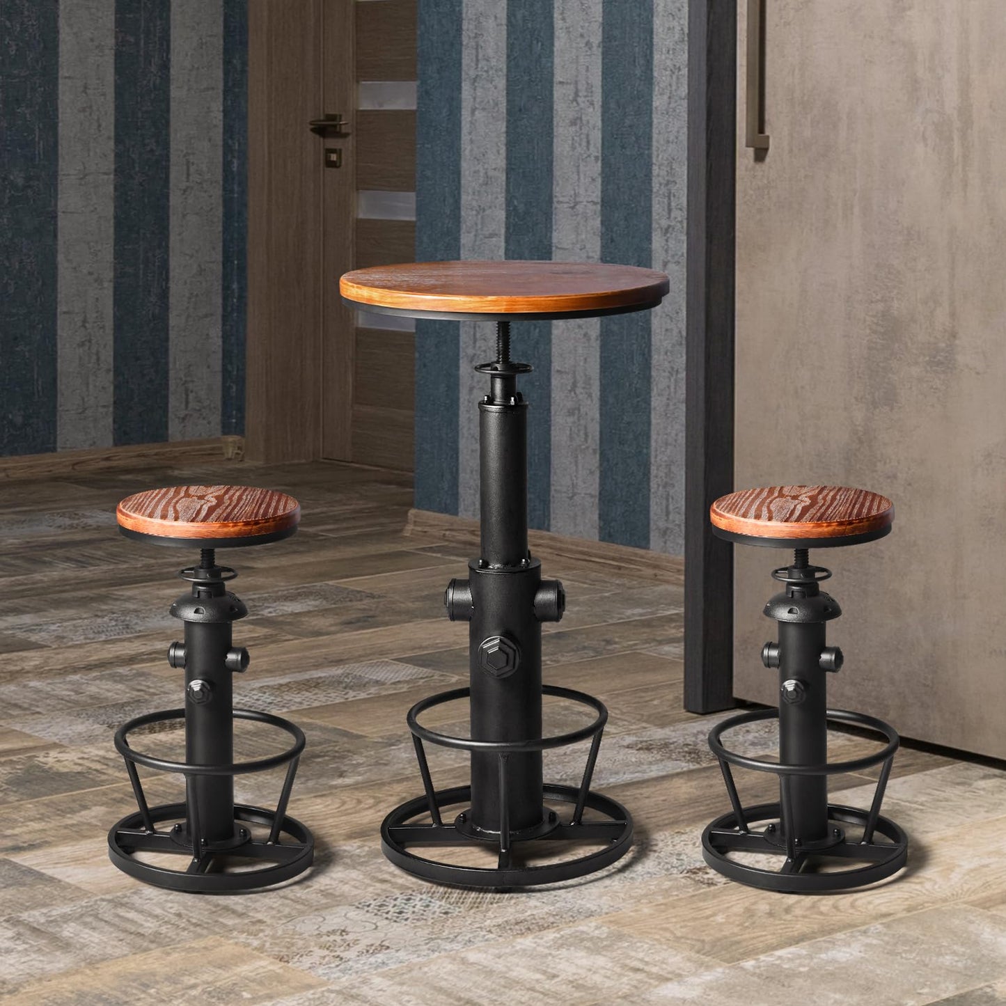 BOKKOLIK Industrial Vintage Height Adjustable Bistro Table with Wooden Top for Kitchen, Dining Room, and Bar Use - WoodArtSupply