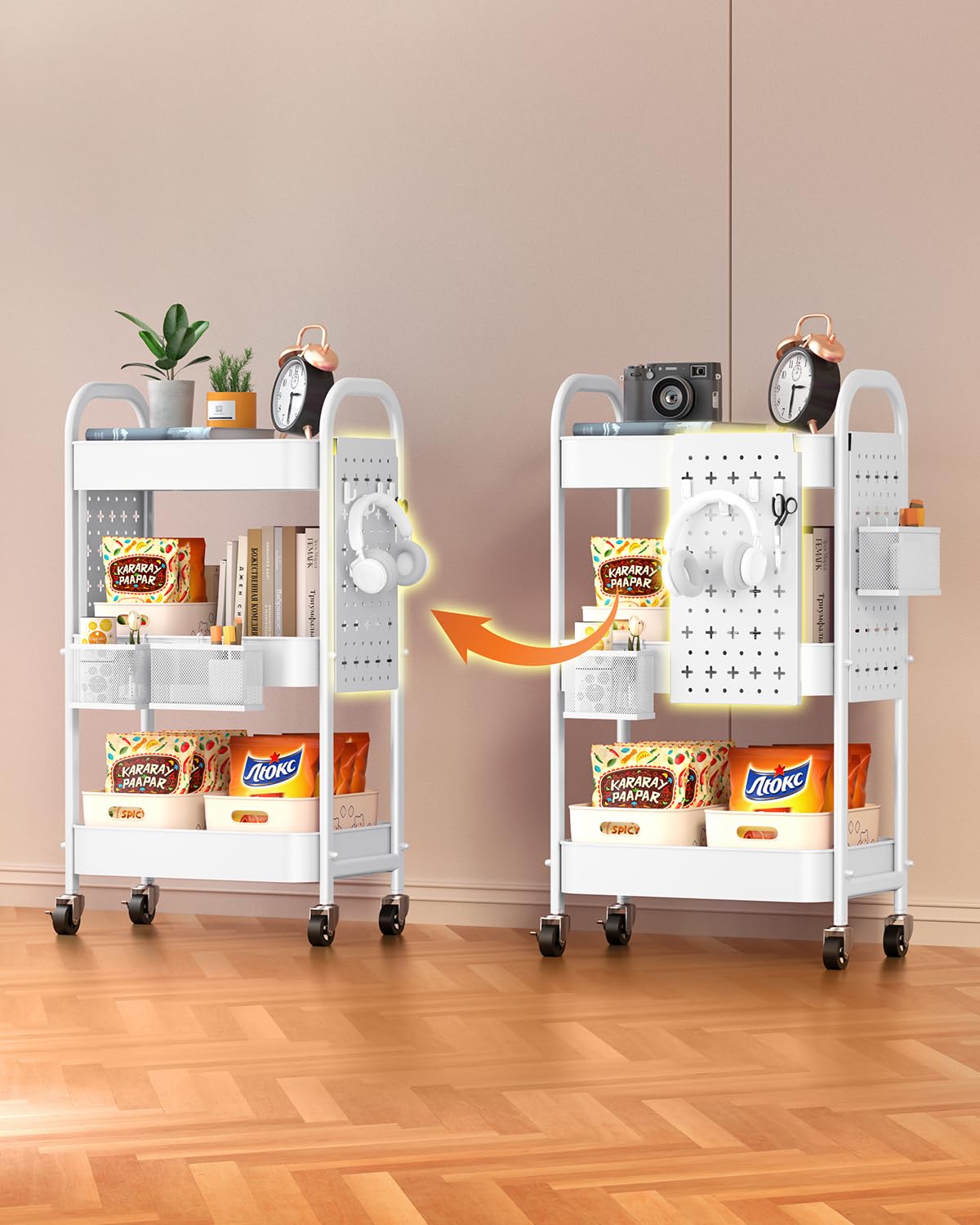 ALVOROG 3 Tier Rolling Cart with DIY Pegboards Metal Utility Cart with Wheels Handles Baskets Hooks, Storage Cart for Office Kitchen Bathroom(White) ALVOROG