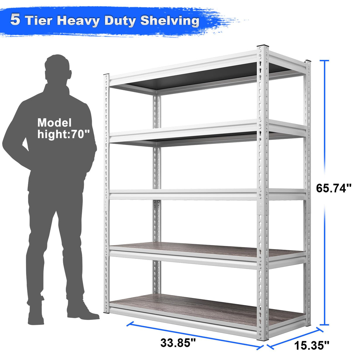 REIBII 65.74" H x 33.85" W x 15.35" D Storage Shelves, 2500LBS Adjustable Metal Shelving Unit, 5 Tier White Shelves for Pantry, Garage, Kitchen, Warehouse, White REIBII