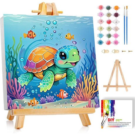 cviokrdu Turtles Paint by Numbers Kit for Kids with Frame - Wooden Easel, Sea Animals Paint by Numbers for Kids Ages 4 8 12, Easy Acrylic Oil Painting Kits for Home Wall Decoration 8x8 inch cviokrdu