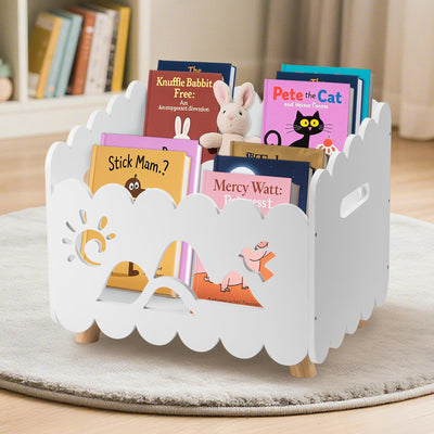 Calmbee Wooden Kids Bookshelf with 2 Adjustable Dividers, Montessori Bookshelf with Animal Carvings for Nursey Room Classroom Playroom, Toy Storage Oragnzier, for Your Baby´s Bedroom, White