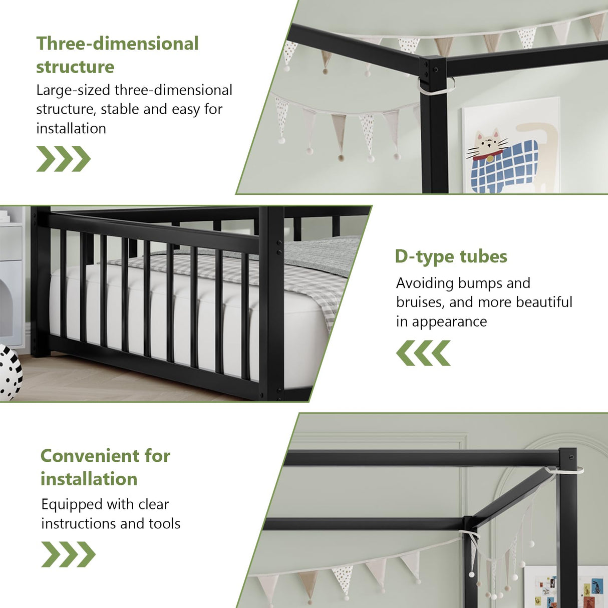 Canopy Floor Bed for Kids – Queen Size, Matte-Black Steel Frame with Safety Fence, Unisex Design for Boys & Girls, Box Spring Required, Quick Assembly (Queen) Lyngins