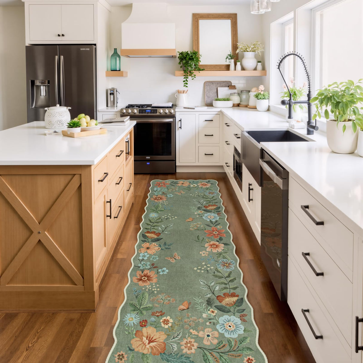 Lahome Floral Runners for Hallways, 2X6 Kitchen Runner Rug Ultra-Thin Soft Rug, Non-Slip Washable Rug Runner Stain Resistant Boho Rug Low-Pile Carpet Runner for ‎Laundry Bathroom Bedroom(2x6ft,Green) Lahome