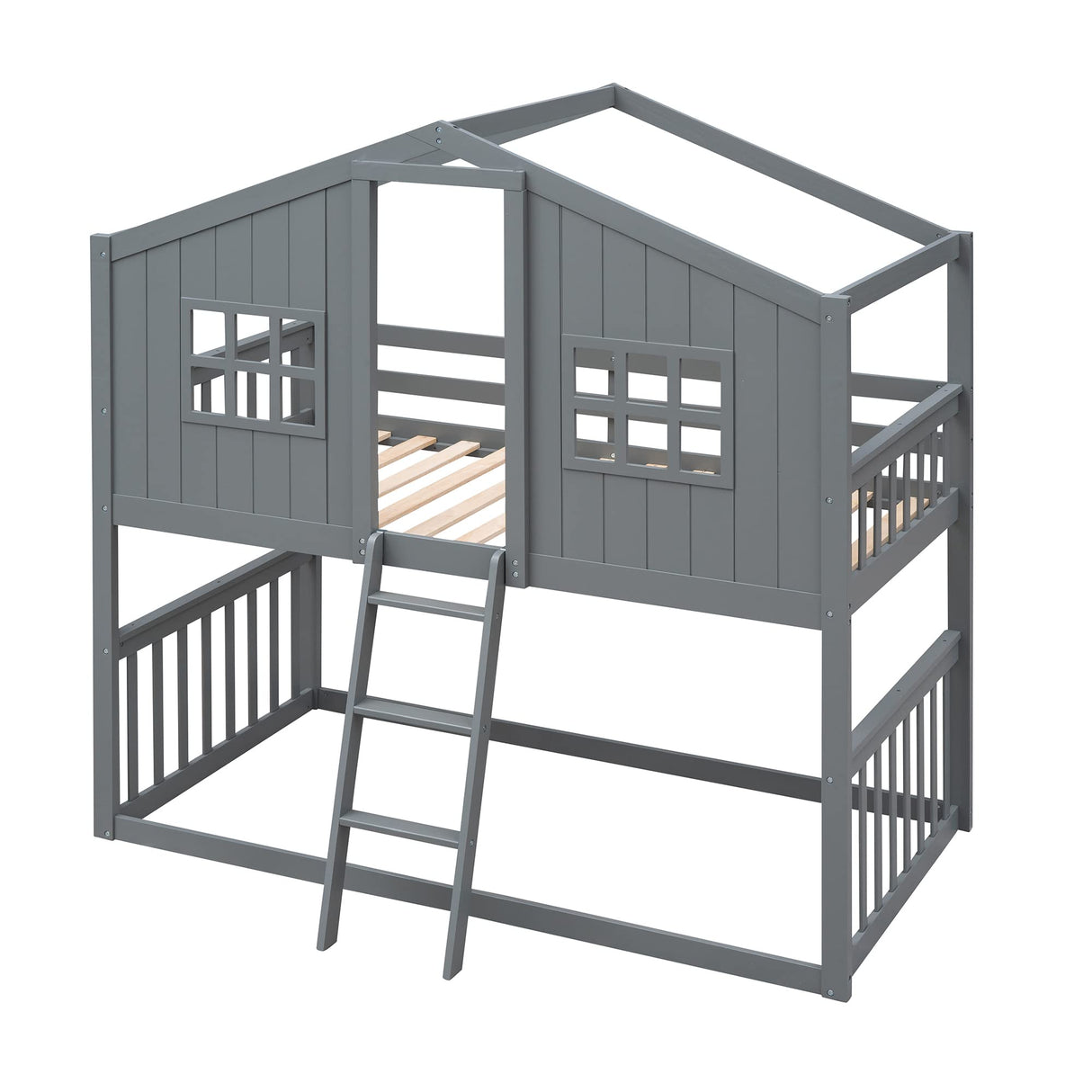 Harper & Bright Designs House Bunk Beds, Twin Over Twin Bunk Bed with Roof, Ladder and Windows, Floor Bunk Bed, Low Bunk Loft Bed for Kids Teens Boys & Girls, Gray Harper & Bright Designs