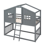Harper & Bright Designs House Bunk Beds, Twin Over Twin Bunk Bed with Roof, Ladder and Windows, Floor Bunk Bed, Low Bunk Loft Bed for Kids Teens Boys & Girls, Gray Harper & Bright Designs