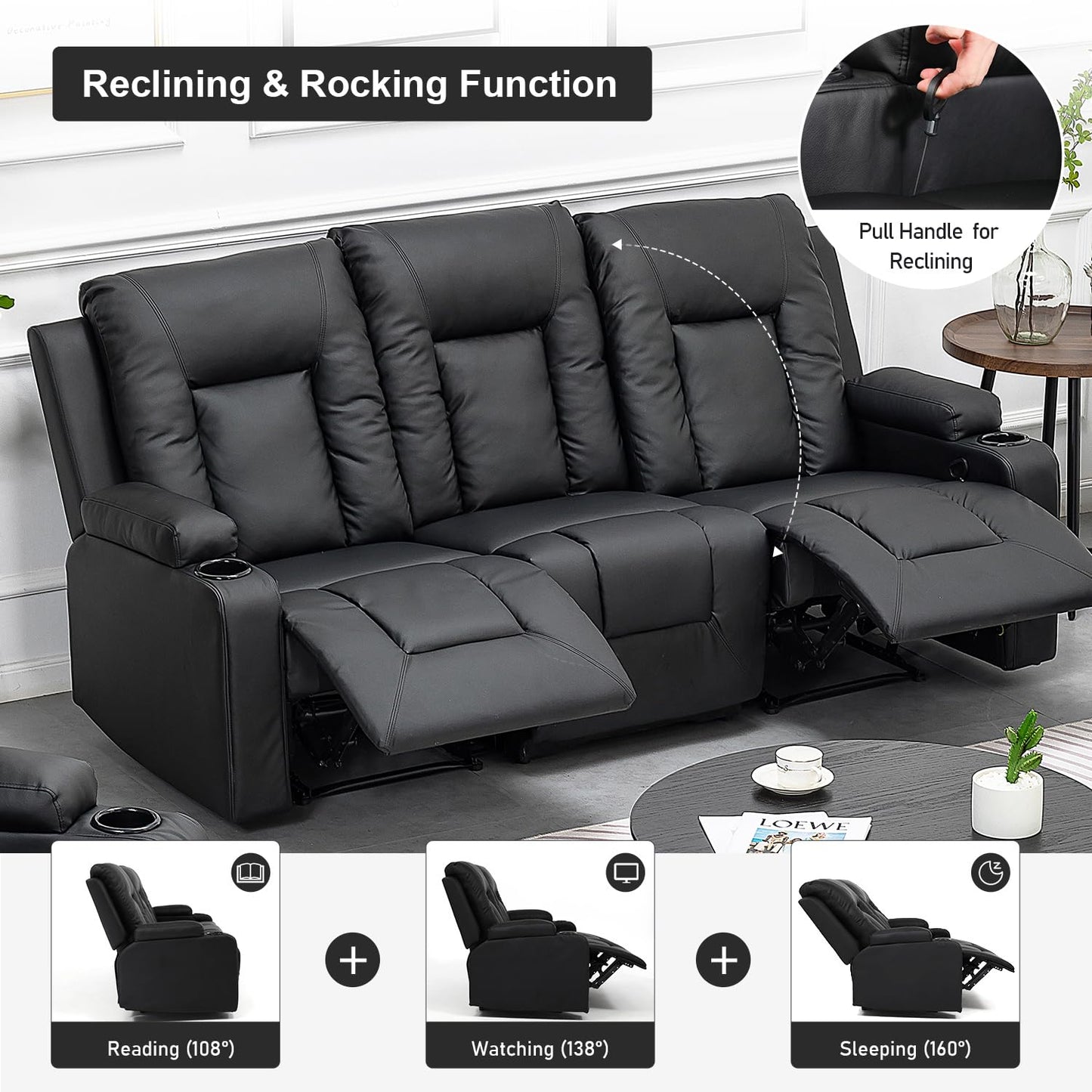 COMHOMA Recliner Chair Set, Leather Recliner Living Room Furniture Sets, Recliner Sofa Loveseat (Black,Living Room Set 3+2+1) - WoodArtSupply