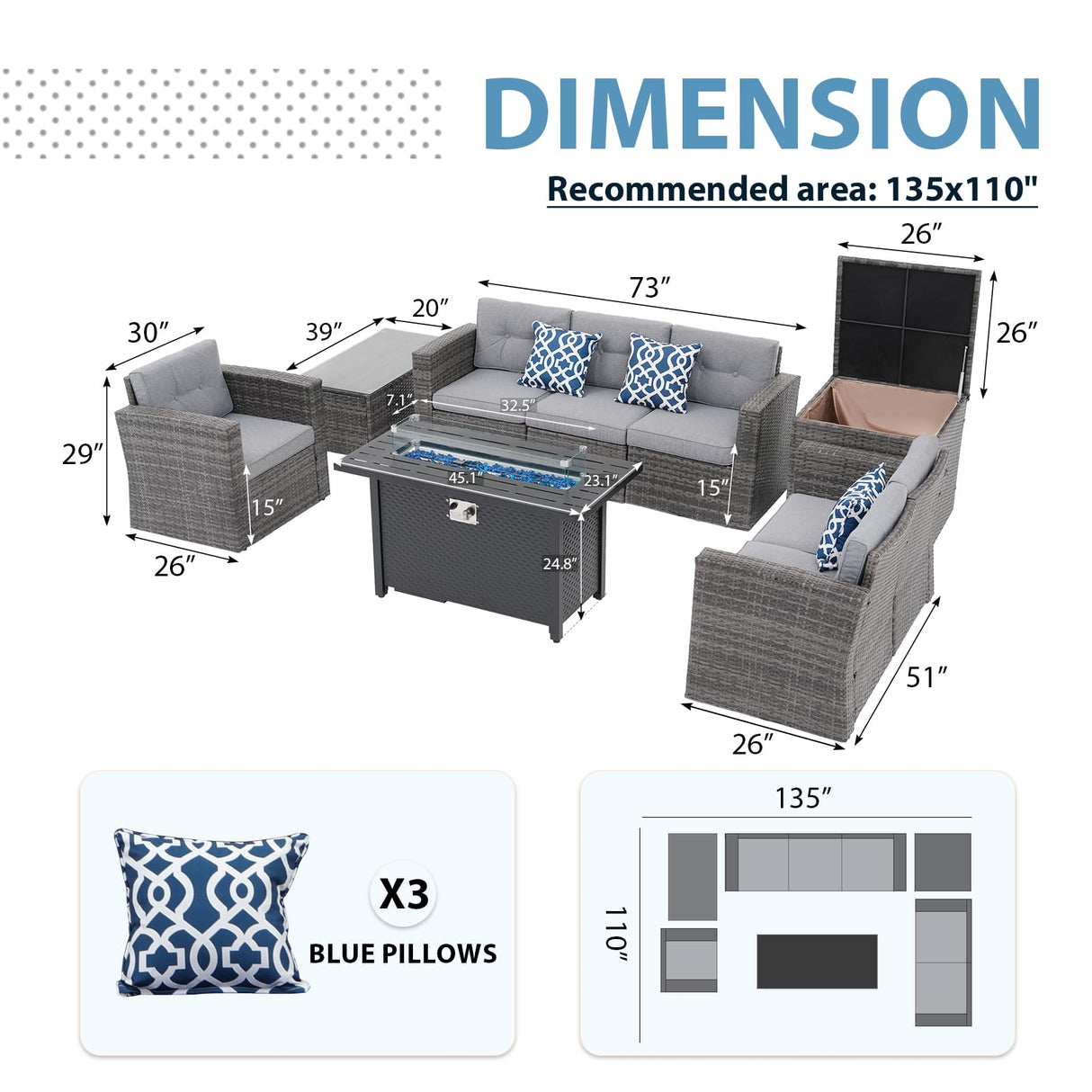 JOIVI 9 Pieces Outdoor Patio Furniture Set with 45” Fire Pit Table, Rattan Patio Conversation Set with 50000 BTU Gas Fire Pit, Wicker Outdoor Sectional Sofa Set with Storage Box and Coffee Table, Gray JOIVI