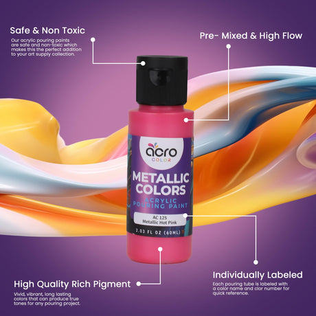 Acrylic Pouring Paint Set | 30 Vibrant Colors Including An Array Of Metallic, Neon & Pastel Paints | Pre Mixed, Ready to Use, High Flow Paint For Canvas, Paper, and More | 2 Ounces Per bottle Acro Color