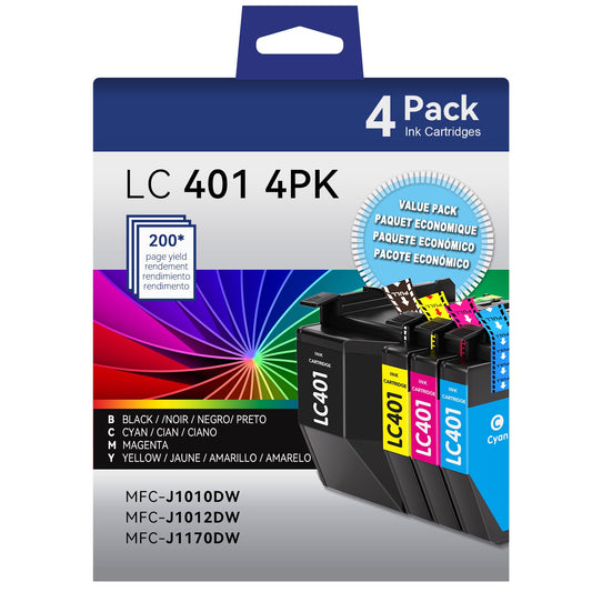 Valinkso LC401 Ink Cartridges Compatible for Brother LC401 Ink Cartridges Color Standard Yield Work with Brother MFC-J1010DW MFC-J1012DW MFC-J1170DW Printer (1 Black,1 Cyan,1 Magenta,1 Yellow,4 Pack)