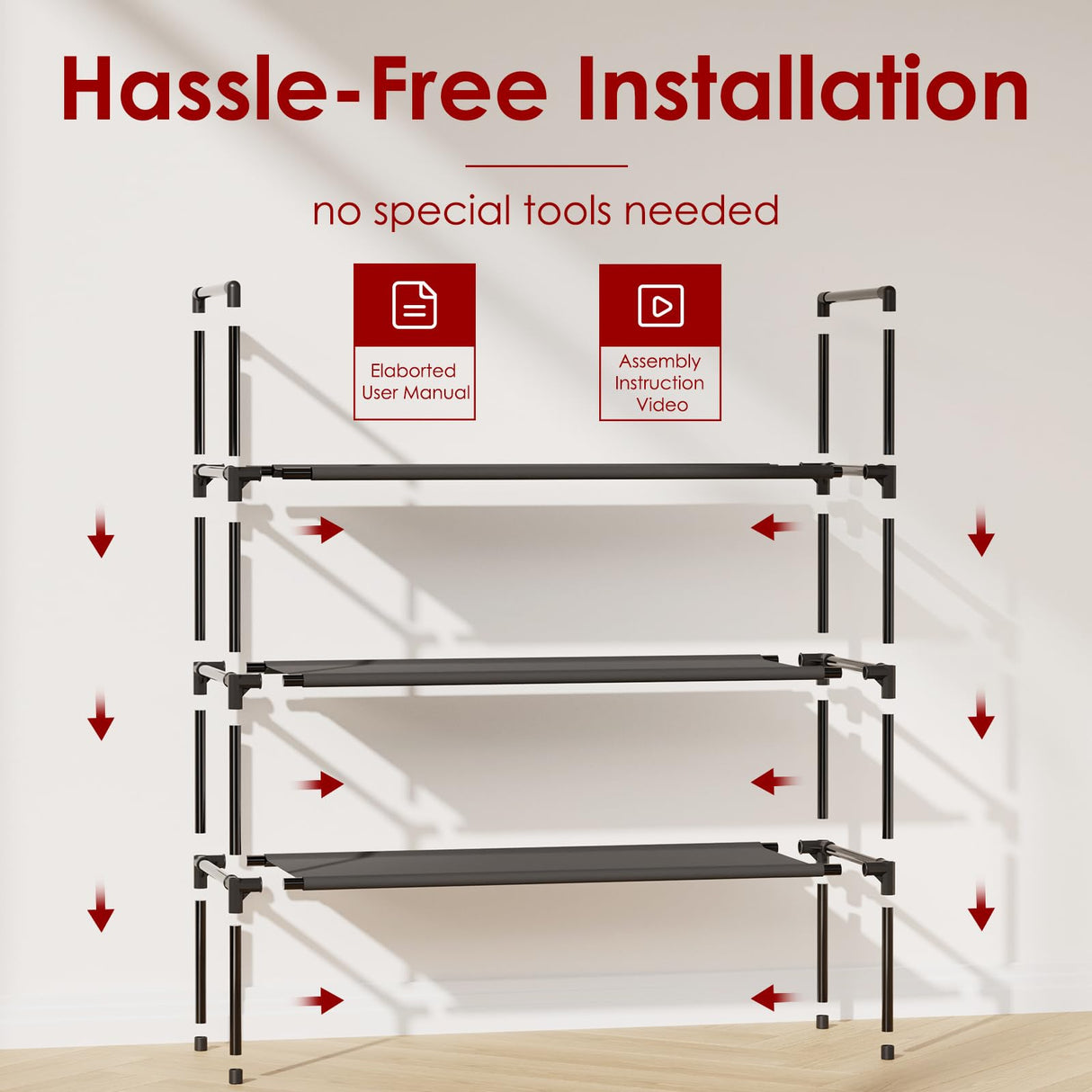 Sakugi Shoe Rack with Non-Woven Fabric - 3-Tier Shoe Organizer for Closet, Garage, Corridor & Entryway, Sturdy and Stackable, X-Large, Black Sakugi