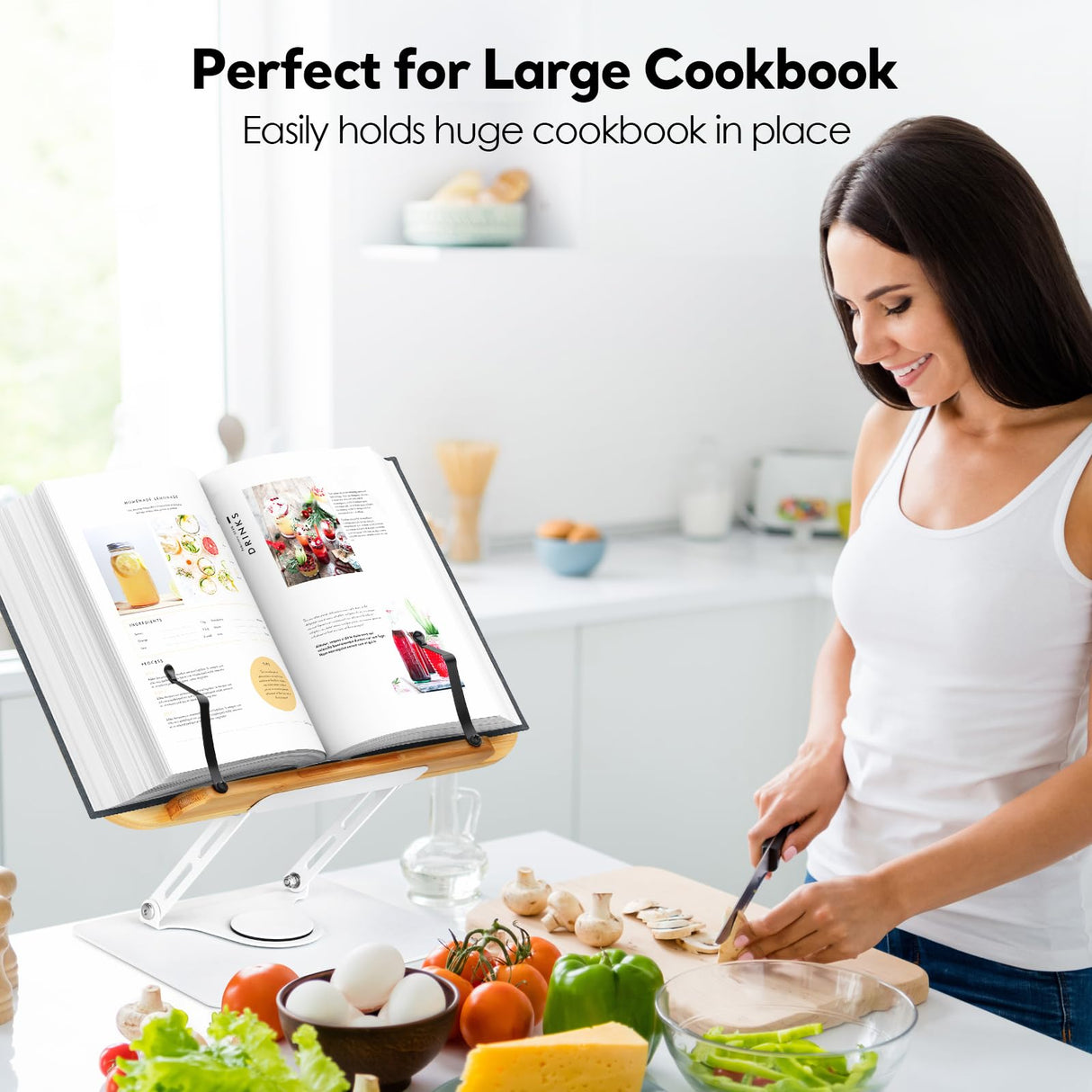 Book Stand for Reading Large Book Holder with 360° Rotating Base, 15.4"x11" Cookbook Stand Desktop Holder with Book Light, Foldable Desktop Stand for Textbook, Recipe, Laptop, Sheet Music FLINKYE