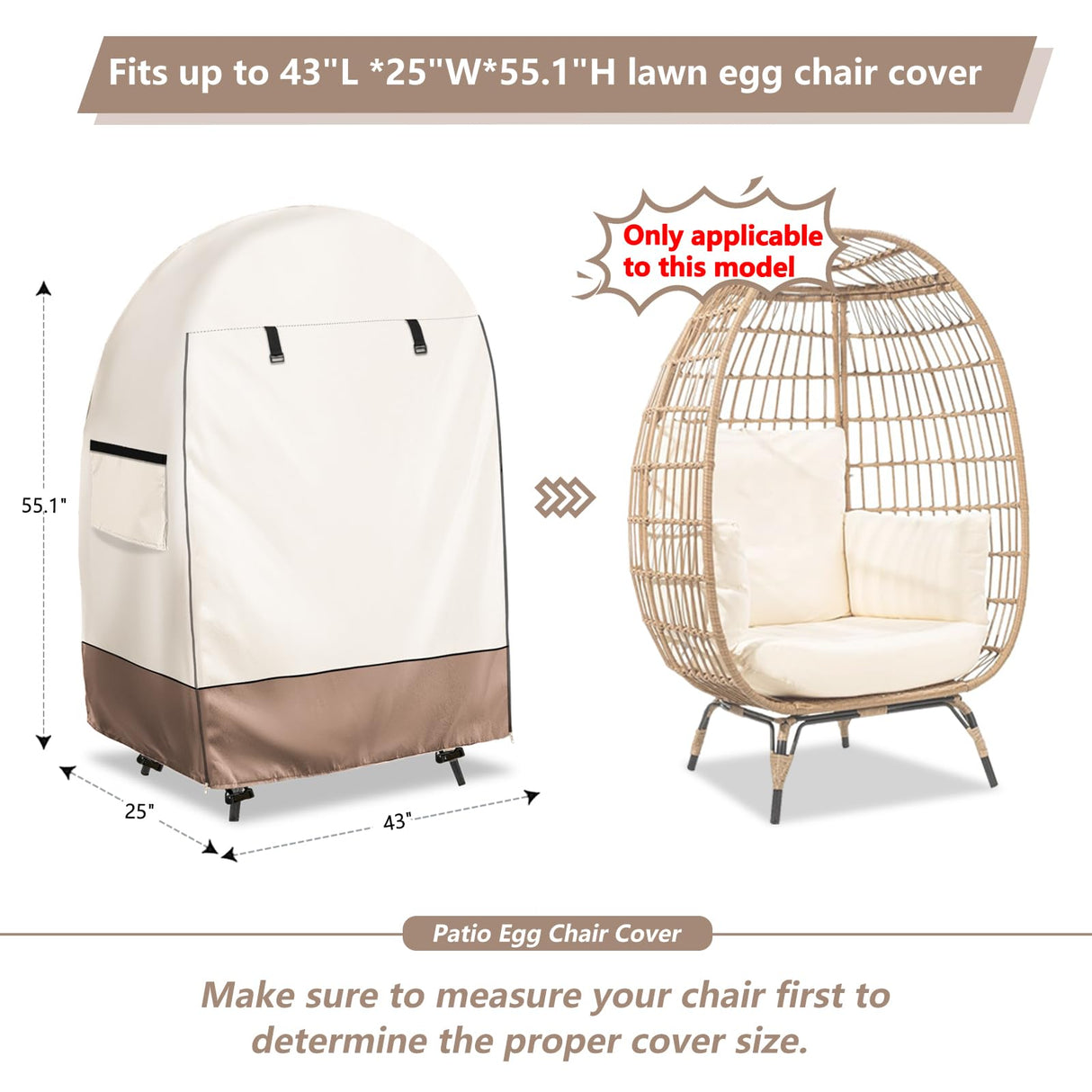 okcool Outdoor Egg Chair Cover,Waterproof Egg Chair Cover with Zipper for Wicker Patio Basket Chair(Beige & Brown,Fits 43" L *25" W*55.1" H Egg Chair) okcool