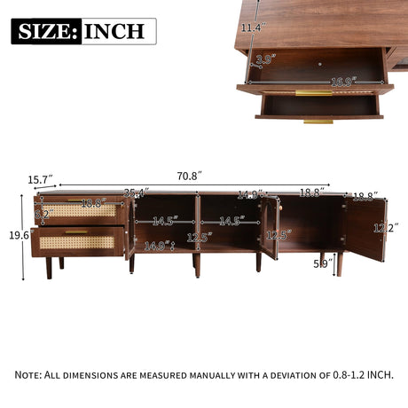 Merax Rattan TV Stand with LED Lights, 70" Entertainment Center with 3 Cabinets & 2 Drawers Media Console Table for TVs Up to 80", Solid Wood Feet, Living Room, Bedroom Furniture Merax
