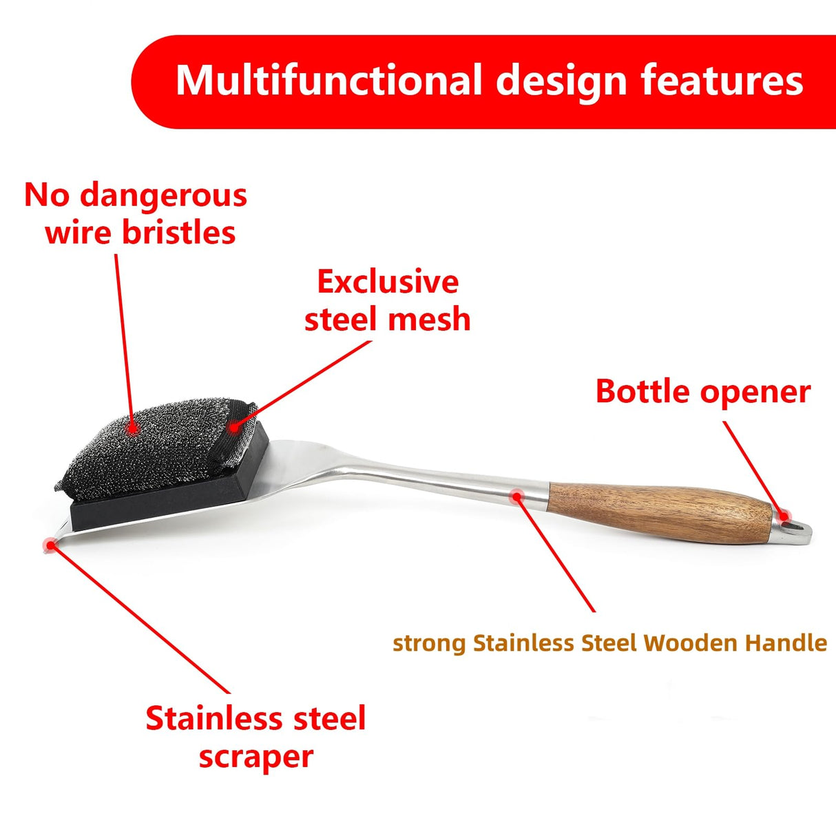 XUDAKAIXIN Grill Brush Bristle Free,Unique Steel Fibers Pad [Safe & Efficient] Perfect for Cast Iron/Stainless-Steel Grates - with 1 Replaceable Cleaning Head - Safe Grill Cleaner for Outdoor Grill XUDAKAIXIN