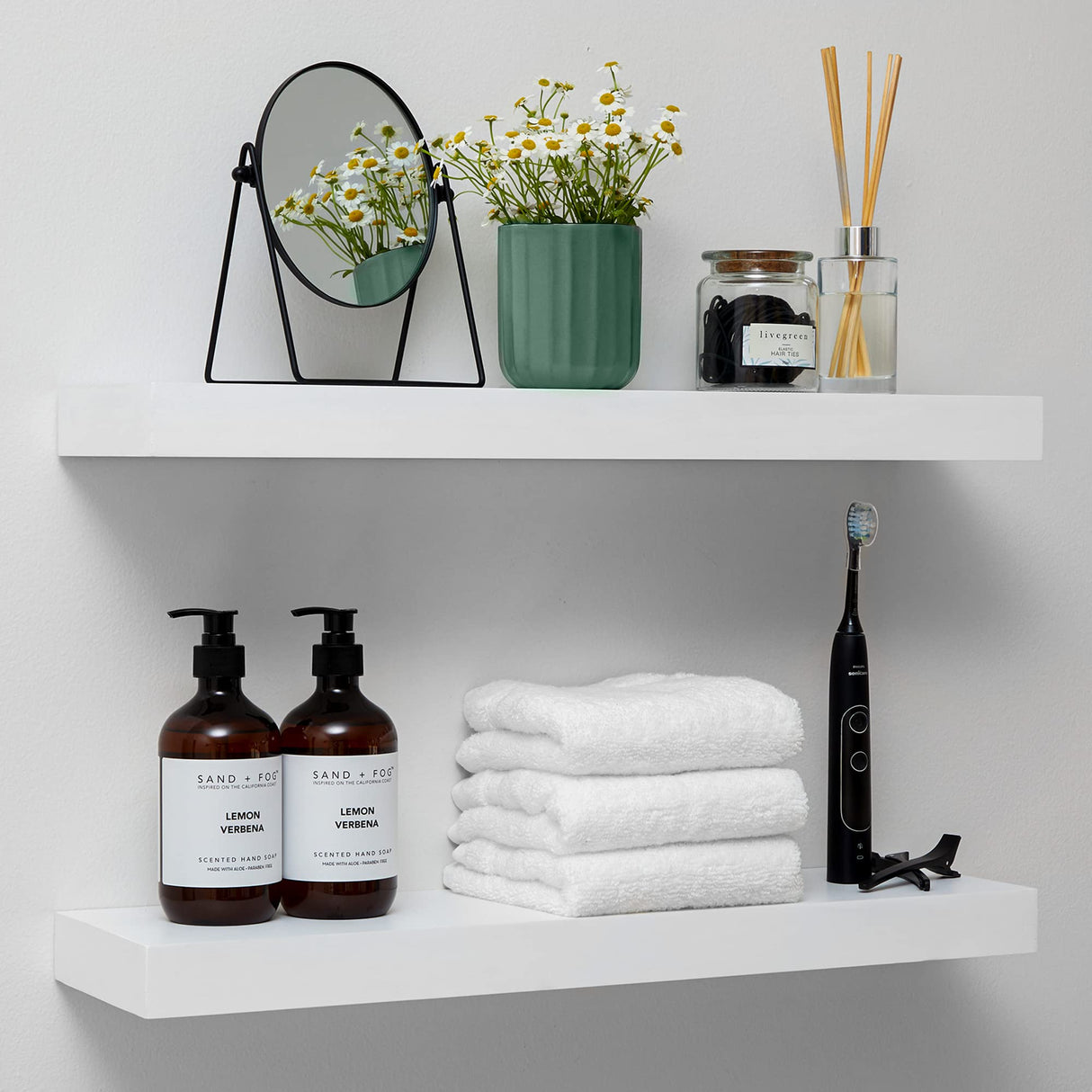 Homeforia White Floating Shelves 24 inch, High End Solid Real Wood 24inch Bathroom Floating Shelf for Wall Mounted, White Wooden 24in Floating Shelves, Heavy Duty Bracket, 24 X 6.5 X 1.75 in, Set of 2 Homeforia