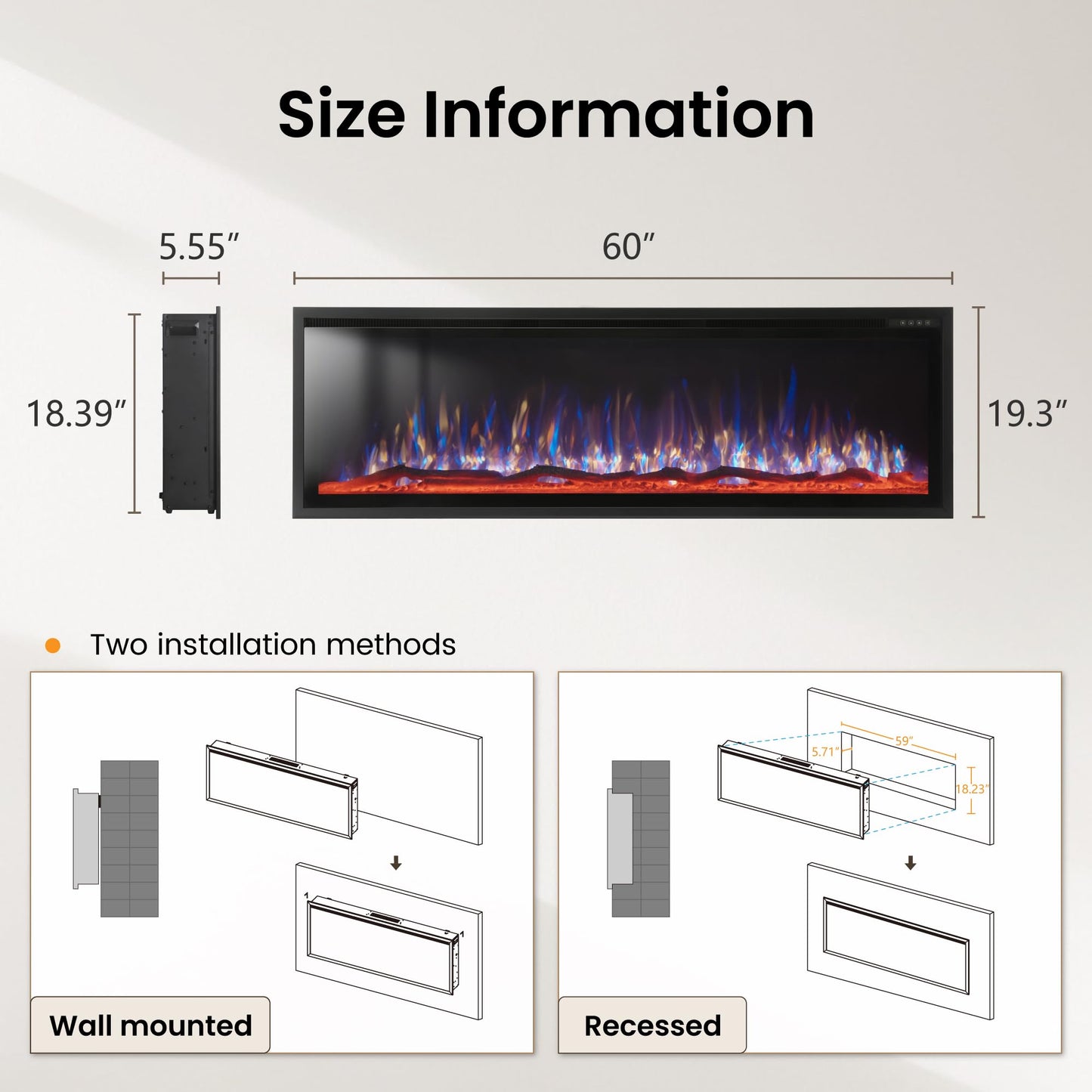 PHI VILLA 60" Electric Fireplace Wall Mounted, in Wall Recessed Fireplace Electric with Crystal, Fake Charcoal & Log Sets for Indoor, Remote Control, 750W/1500W, Timer, Ultra-Narrow Bezel