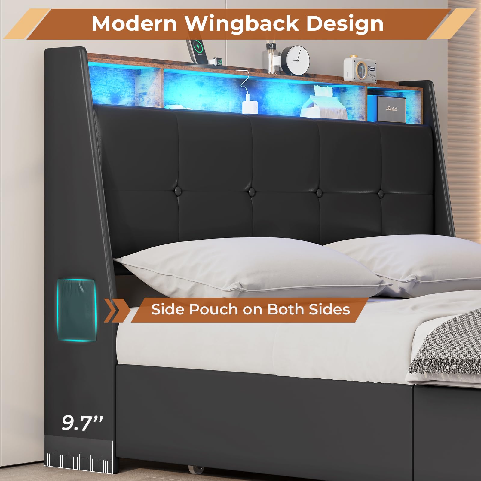 MSmask Full Black Platform Bed with Smart LED Lights, USB Ports, Storage Drawers & Wingback Headboard - WoodArtSupply