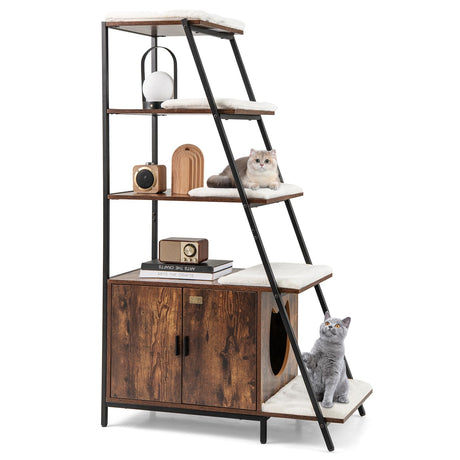 PETSITE Cat Litter Box Furniture with 3-Tier Ladder Shelves and Doors, 59 inch Cat Box Enclosure with Removable Plush Mats, Indoor Hidden Litter Box with Decorative Storage Shelving (Rustic Brown) PETSITE