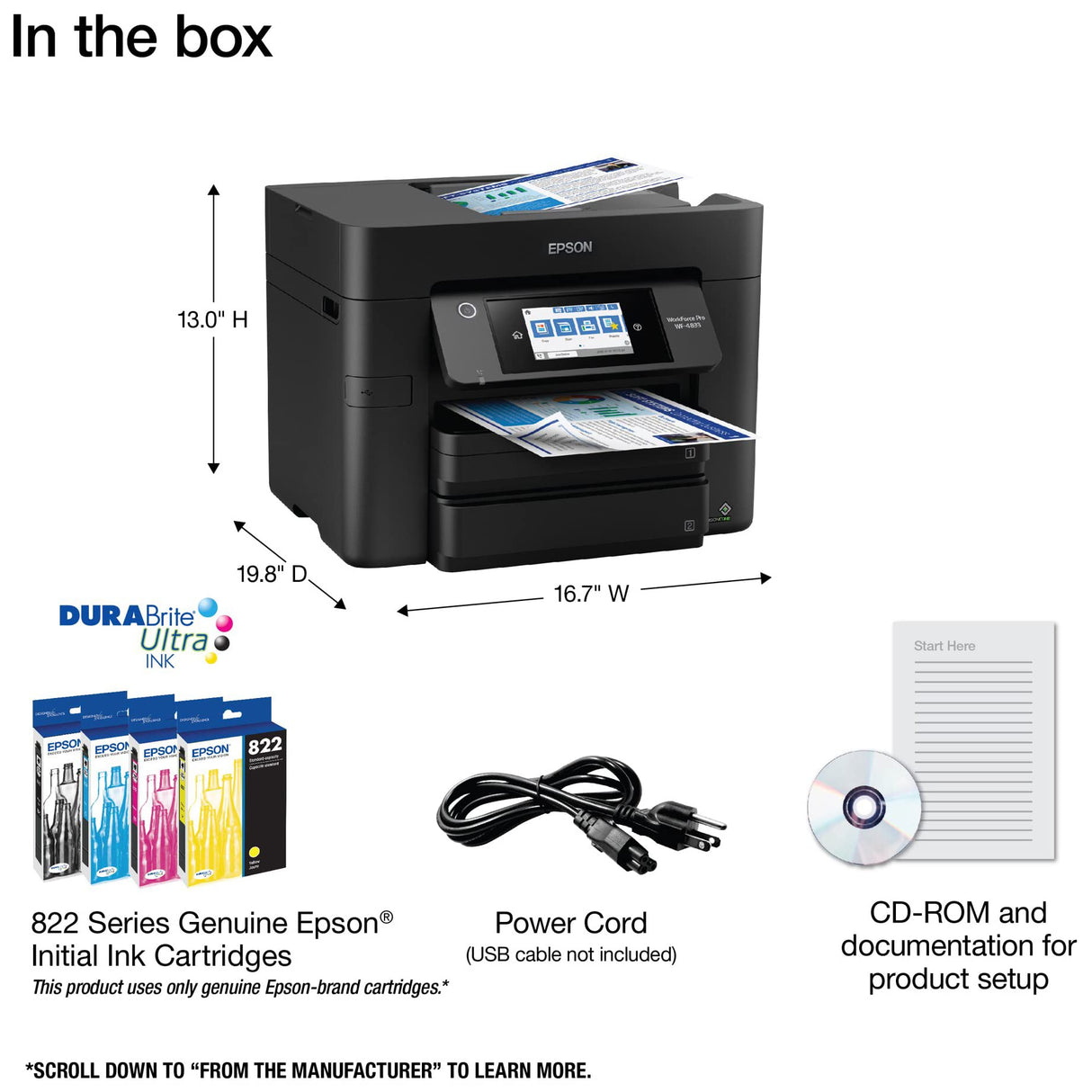 Epson Workforce Pro WF-4833 Wireless All-in-One Color Inkjet Printer, Black - Print Scan Copy Fax - 25 ppm, 4800 x 2400 dpi, 4.3" Touchscreen, Auto 2-Sided Printing, 50-Sheet ADF, 500-Sheet, Ethernet Epson