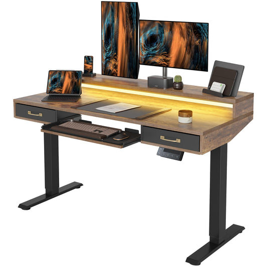 FEZIBO 55 x 24 Inch Height Adjustable Electric Standing Desk with Double Drawers&Keyboard Tray, Stand Up Desk with LED Strips, Sit Stand Desk with Monitor Stand, Rustic Brown - WoodArtSupply