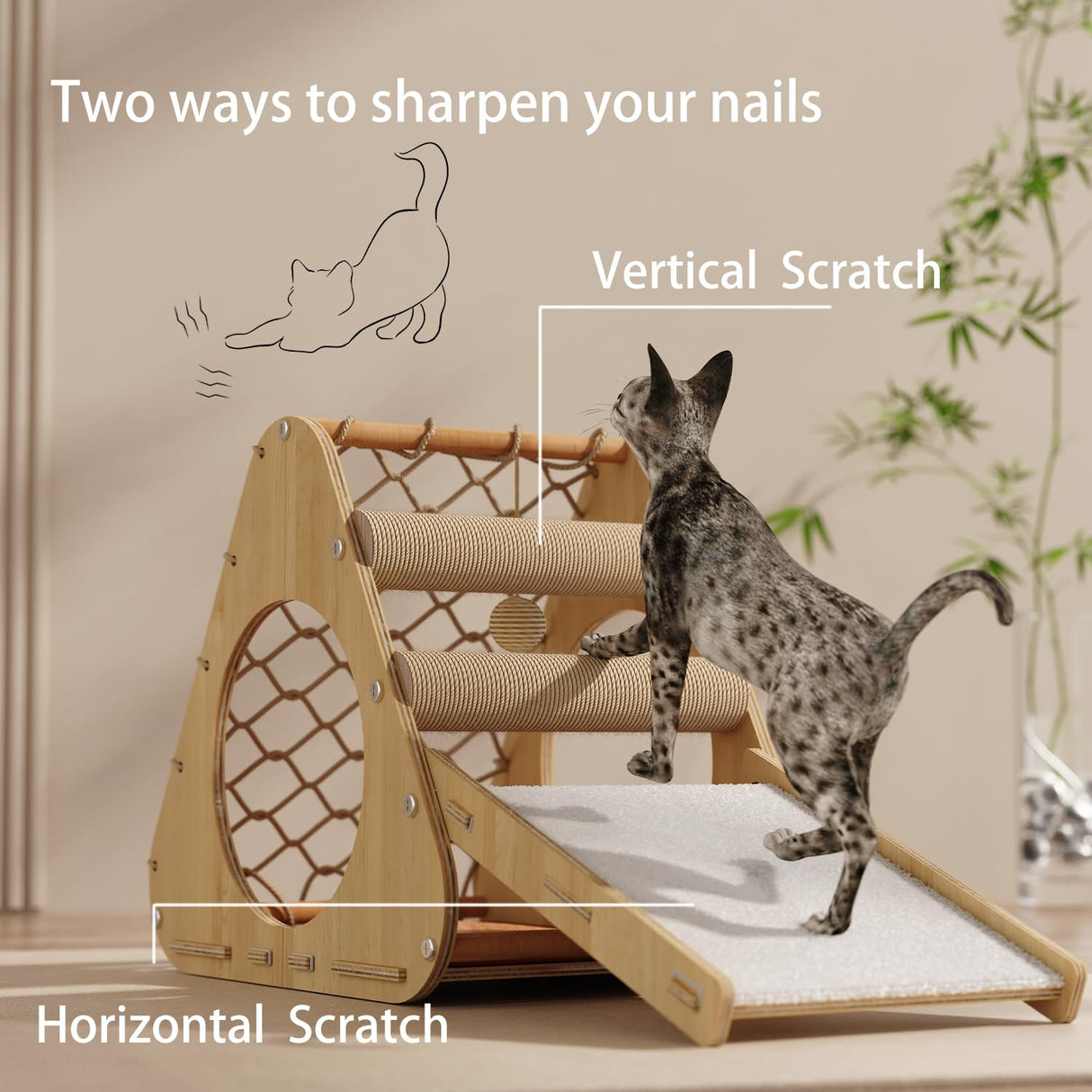 Wooden Cat Tree Tower for Indoor Cats, Scratching Post, Modern Cat Tree Cat Condo, Double-Sided Mat, Ladder with Anti-Scratch Pads, Climbing Web Compact Design (Normal) KWOJU