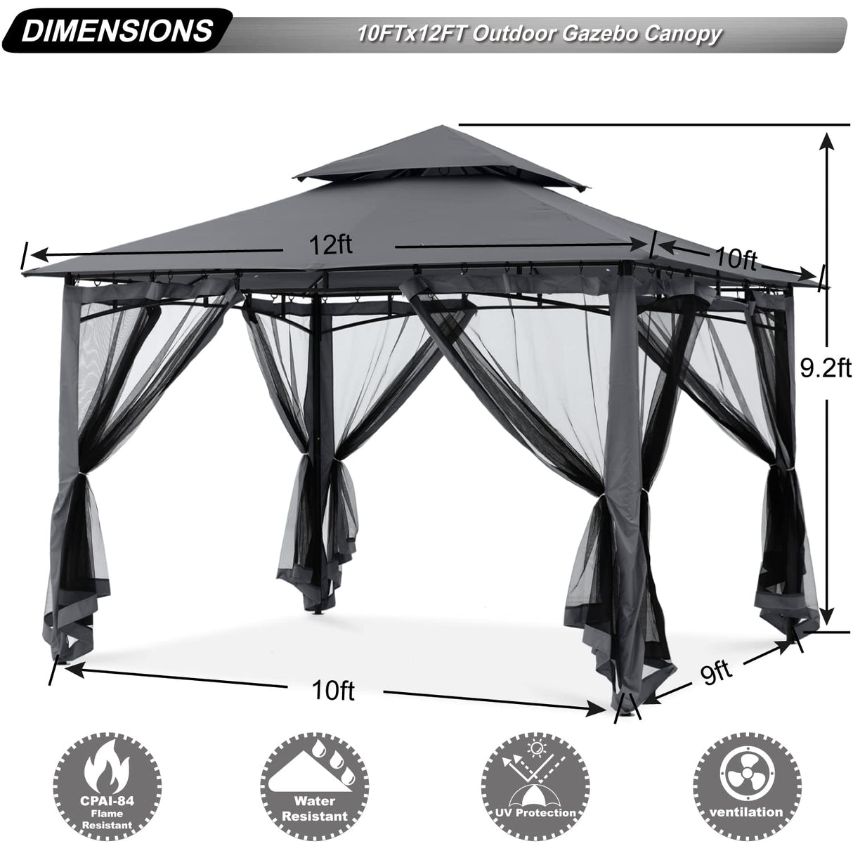 ABCCANOPY Gazebos for Patios 10x12 - Outdoor Steel Frame Gazebo with Mosquito Netting for Lawn Backyard Garden Deck (Dark Gray) ABCCANOPY