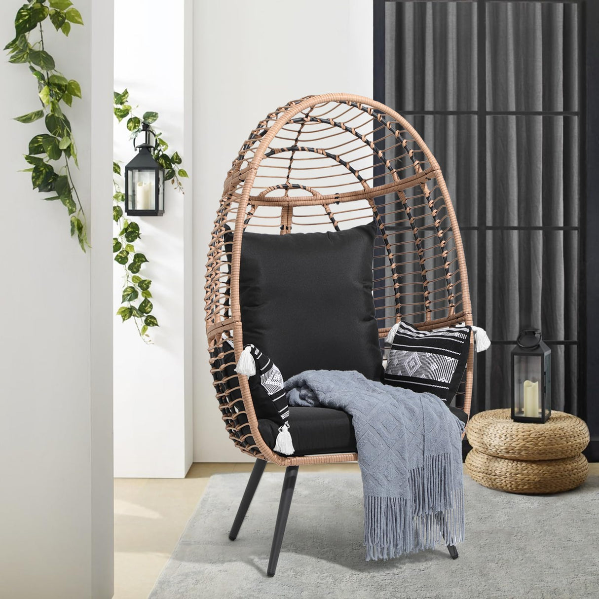 JOIVI Wicker Egg Chair, Outdoor Indoor Oversized Lounger Large Egg Basket Chair with Stand and Cushions for Patio Porch, Backyard, Living Room, Balcony (Beige Rattan, Black Cushion) JOIVI