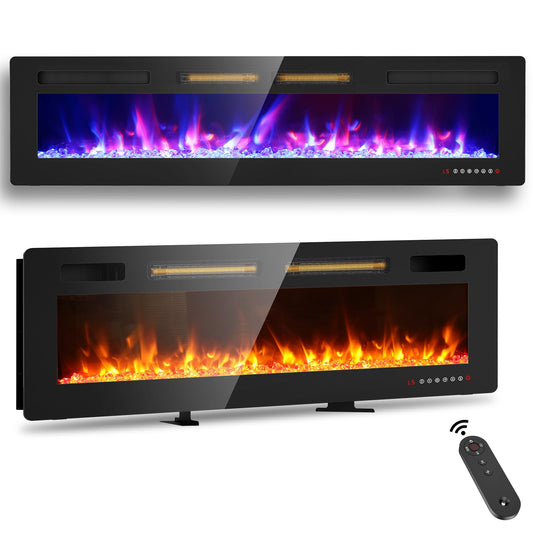 BREEZEHEAT 72 inch Electric Fireplace Wall Mounted/Freestanding-Ultra Thin Fireplace Inserts for Living Room with Double Heat Vent, Remote Control, Touch Screen, Led Flame, 8H Timer, 750w/1500w