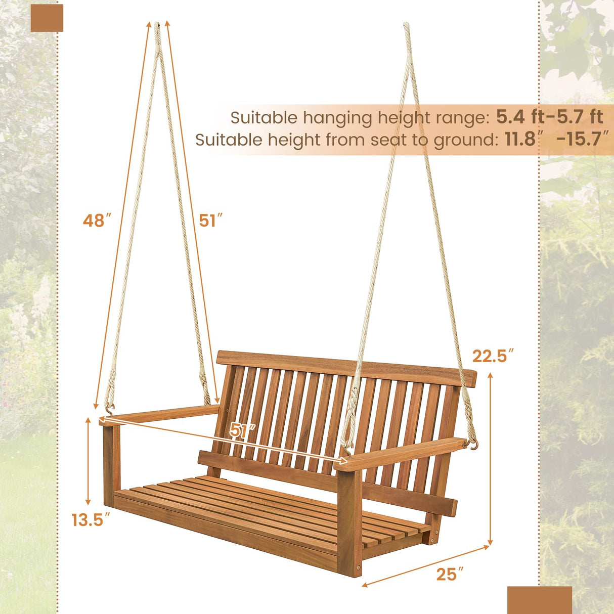 HAPPYGRILL 2-Person Acacia Wood Outdoor Porch Swing, Patio Swing Chair Patio Hanging Bench Chair with 800lb Weight Capacity and 8.2 ft Hanging Ropes HAPPYGRILL