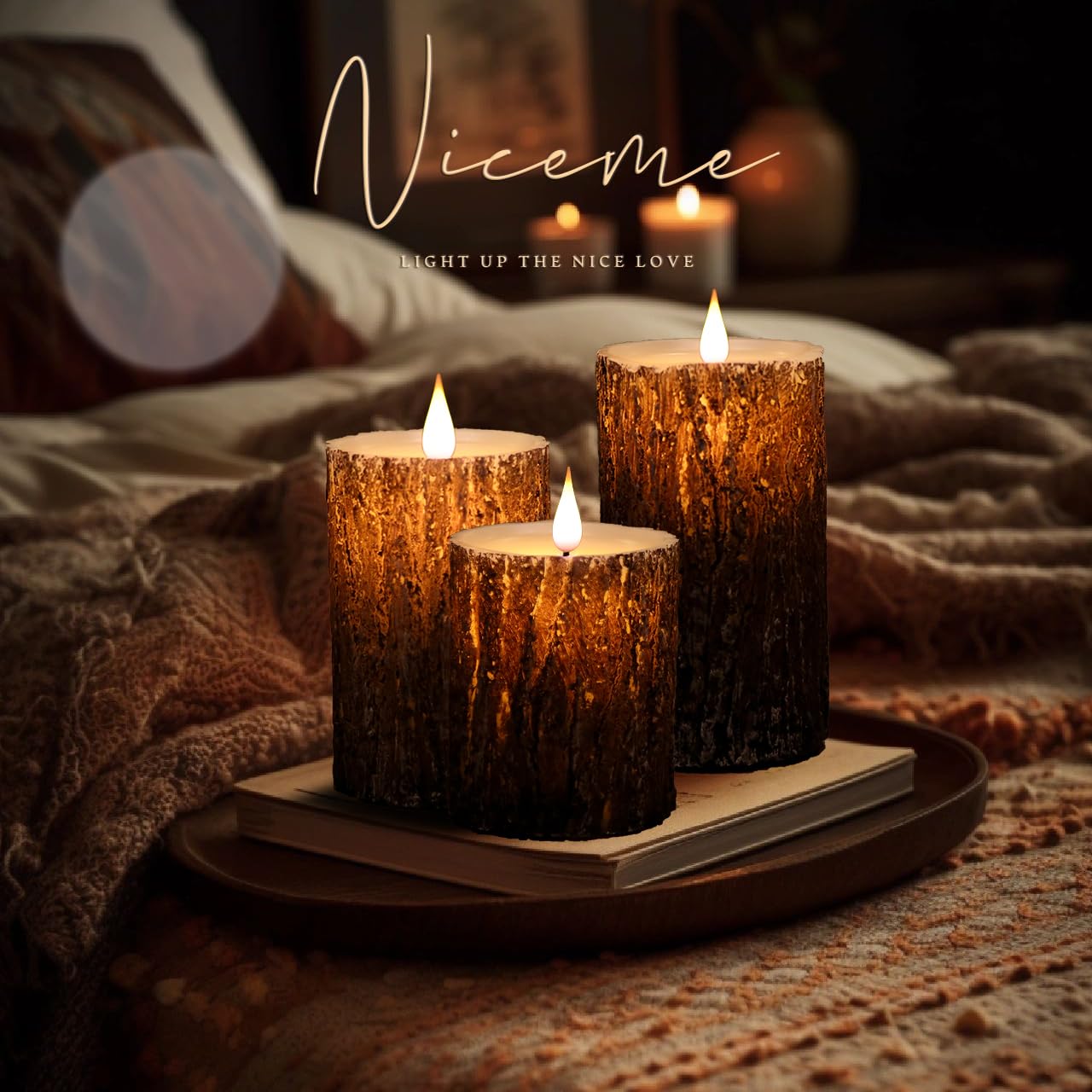 NICEME Rechargeable LED Pine Bark Flameless Candles with Timer Remote USB Cable, Brown Real Wax USB Candles Flickering Fireplace Cabin Decor Electric Fake Battery Pillar Bark Candles, D 3”×H  - WoodArtSupply