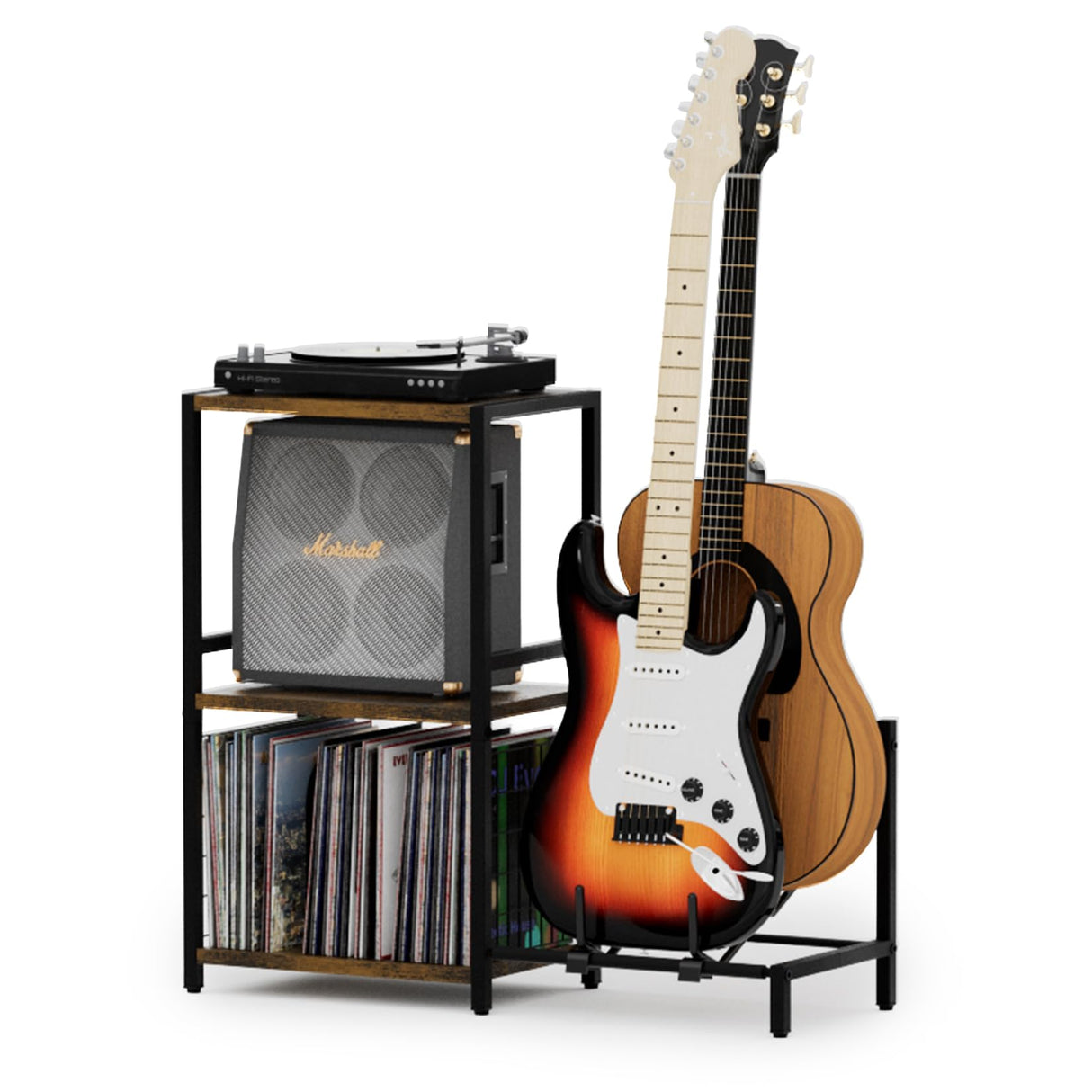YAKANJ End Table with Guitar Stand,Record Player Stand,Vinyl Records Storage,2-Tier Guitar Stand for Acoustic, Electric Guitar,Bass,Turntable Stand Side Table for Music Room Studio Living Room-Brown YAKANJ